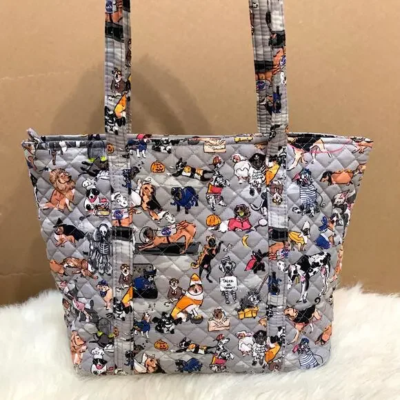VERA BRADLEY Rare Gray Multi HOWL-O-WEEN Halloween Dogs Zip Top Cotton VERA Tote - Picture 5 of 16